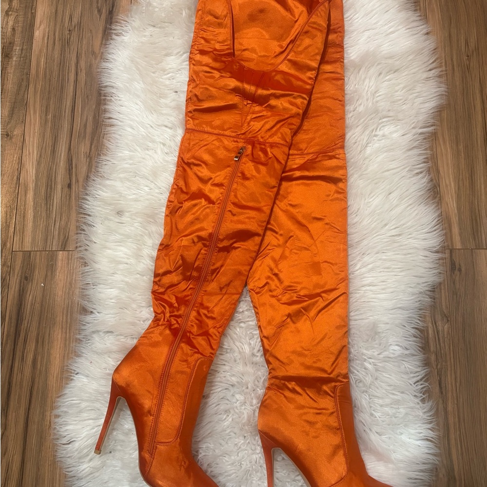 Women's Orange Satiny Over-the-Knee Boots - Sleek Statement Style - Picture 3 of 9